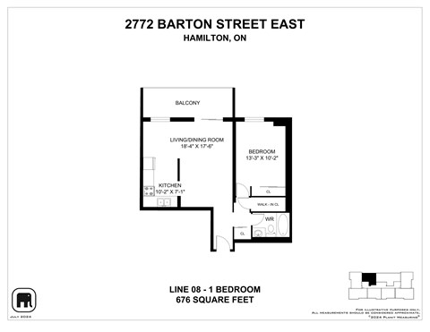Floor plan for 1 bed, 1 bath, 676 sqft